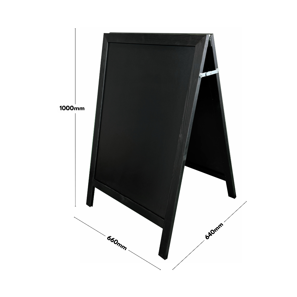 Weather-resistant black wooden chalk A-board, 660mm wide x 1000mm high, perfect for menus, offers, and event signage.