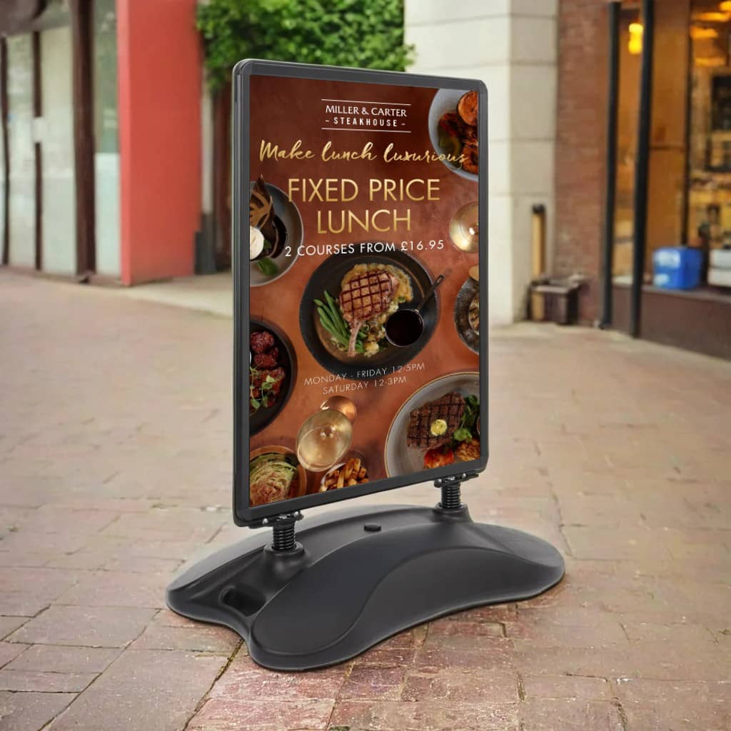 Black wind-resistant A0 display board – outdoor snap frame sign with heavy-duty water base support