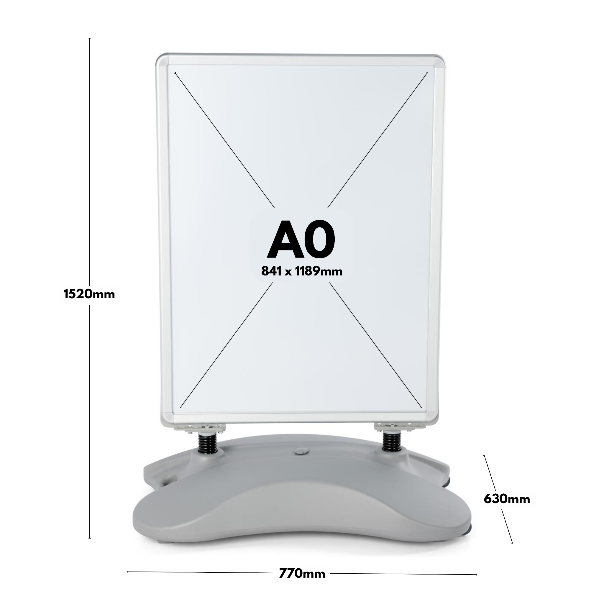 A0 snap frame pavement sign – dual-sided silver frame with wind resistance and weighted water base