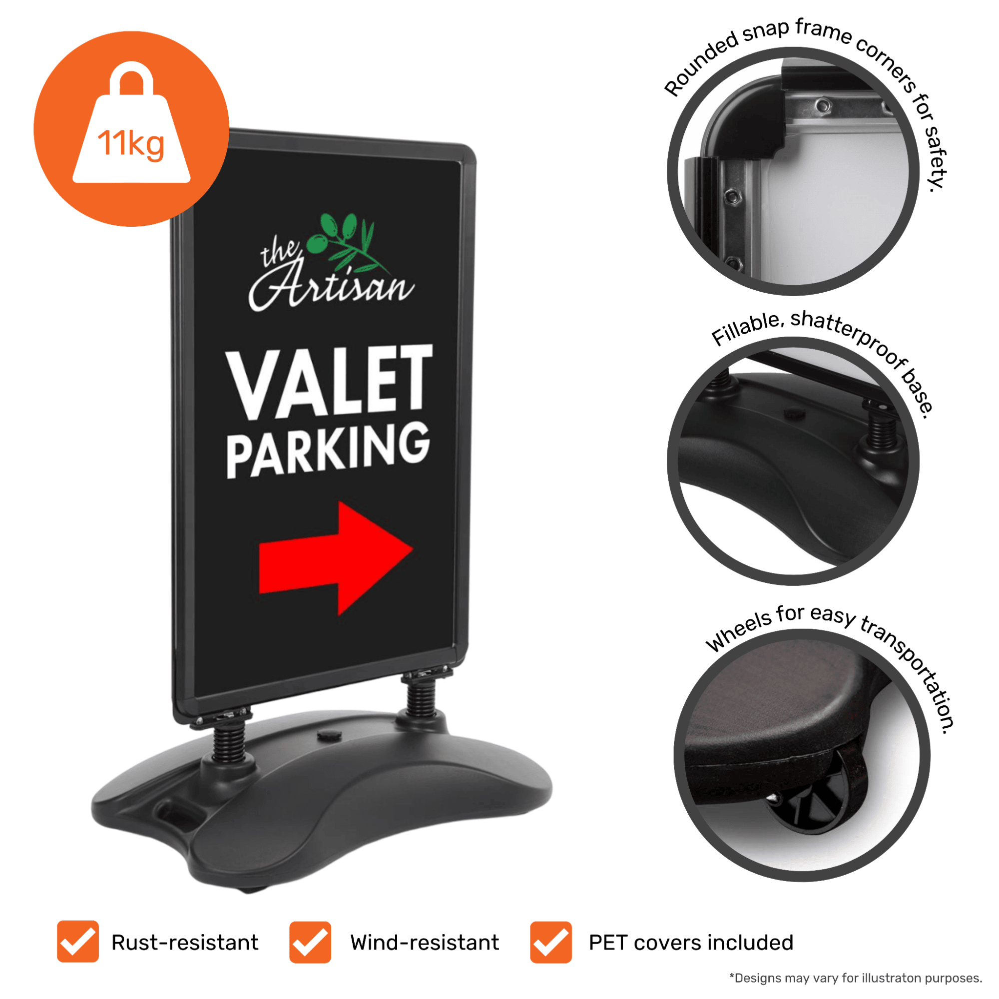 A1 silver pavement sign with water base – affordable wind-resistant poster board with snap-open frame
