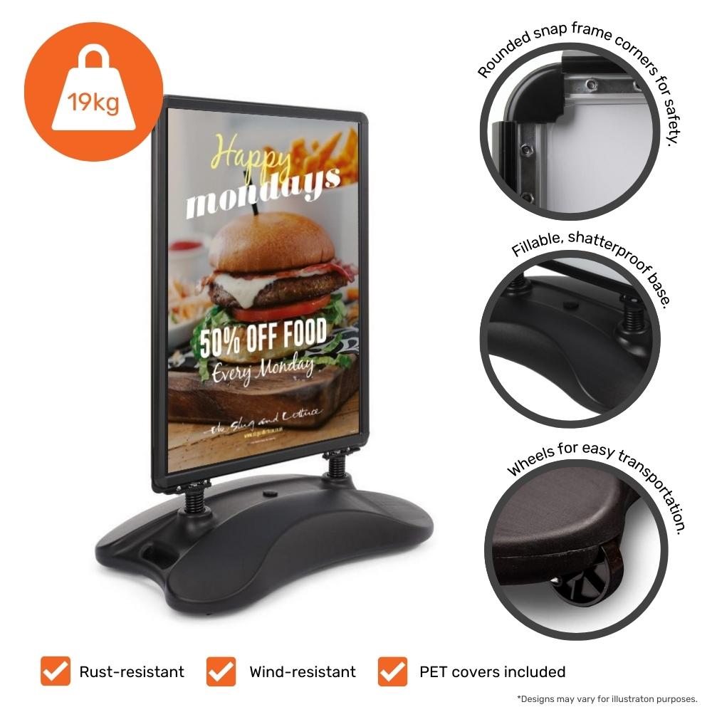 Budget A1 black outdoor sign – wind-resistant pavement board with dual poster display and stable water base