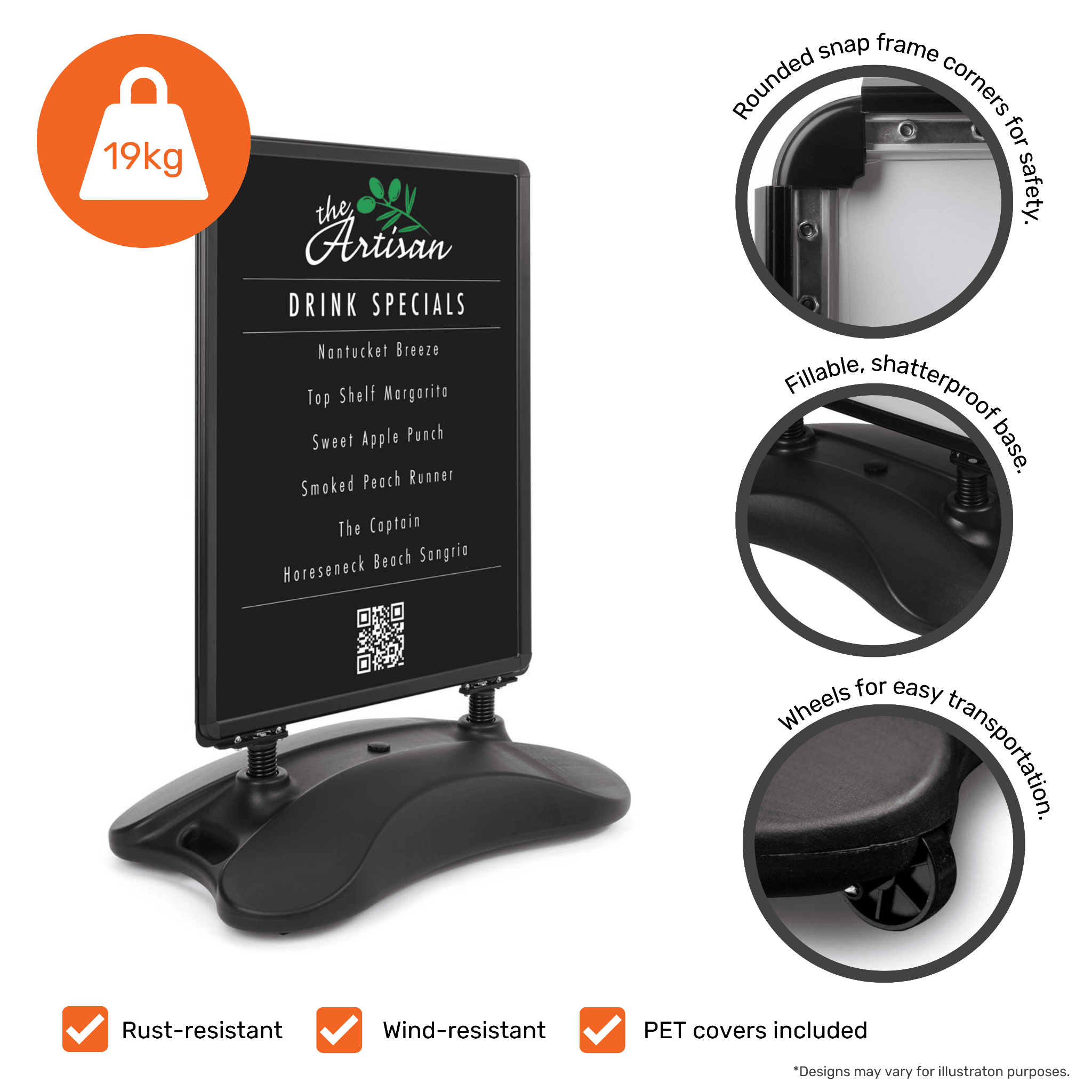 Double-sided A0 black poster sign – snap-open pavement board with water-filled base for stability