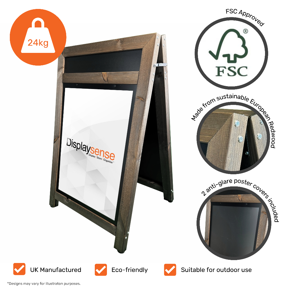 A high-quality A1 wooden A-board sign in a rich dark oak finish, complete with a header panel for custom branding or messaging, suitable for businesses and events.