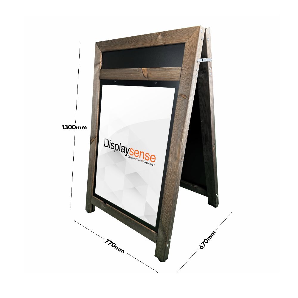 A premium A1 dark oak wooden A-board sign with a built-in header, designed for outdoor and indoor use, offering a classic and elegant look for signage.