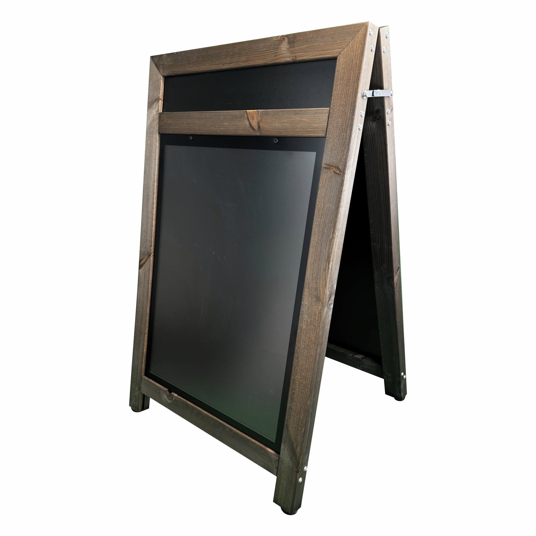 This durable dark oak A1 A-board pavement sign includes a top header section for personalised text or logos, making it a versatile and professional signage solution.