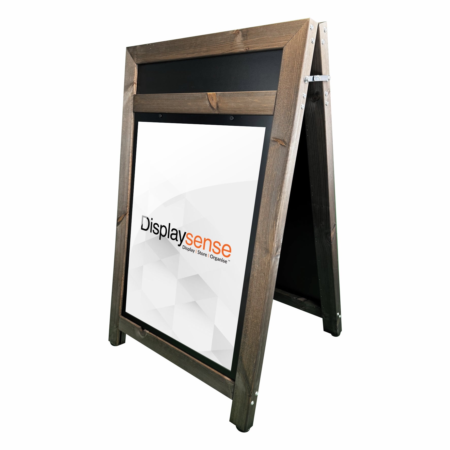 This A1 dark oak wooden pavement sign features a sturdy A-frame design with a built-in header for enhanced visibility, ideal for attracting customers outdoors.