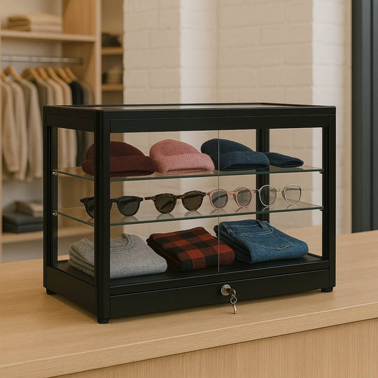 Lockable Black Aluminium Glass Counter Top Display Cabinet – 2 Shelves & Sliding Door