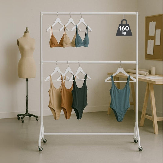 5ft Wide x 7ft Tall Two-Tier White Commercial Grade Heavy Duty Steel Clothes Rail With 160kg Load Capacity