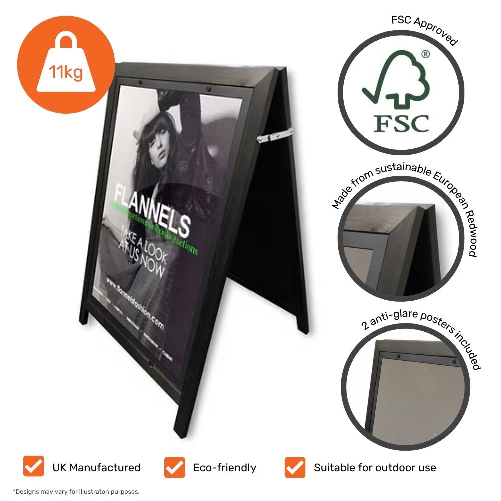 Freestanding black wooden A-board with an A1 poster holder, designed for eye-catching pavement advertising.