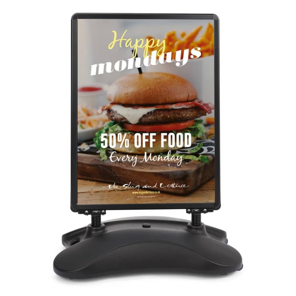 Black A1 snap frame sign – double-sided pavement board with heavy-duty water base and weatherproof design