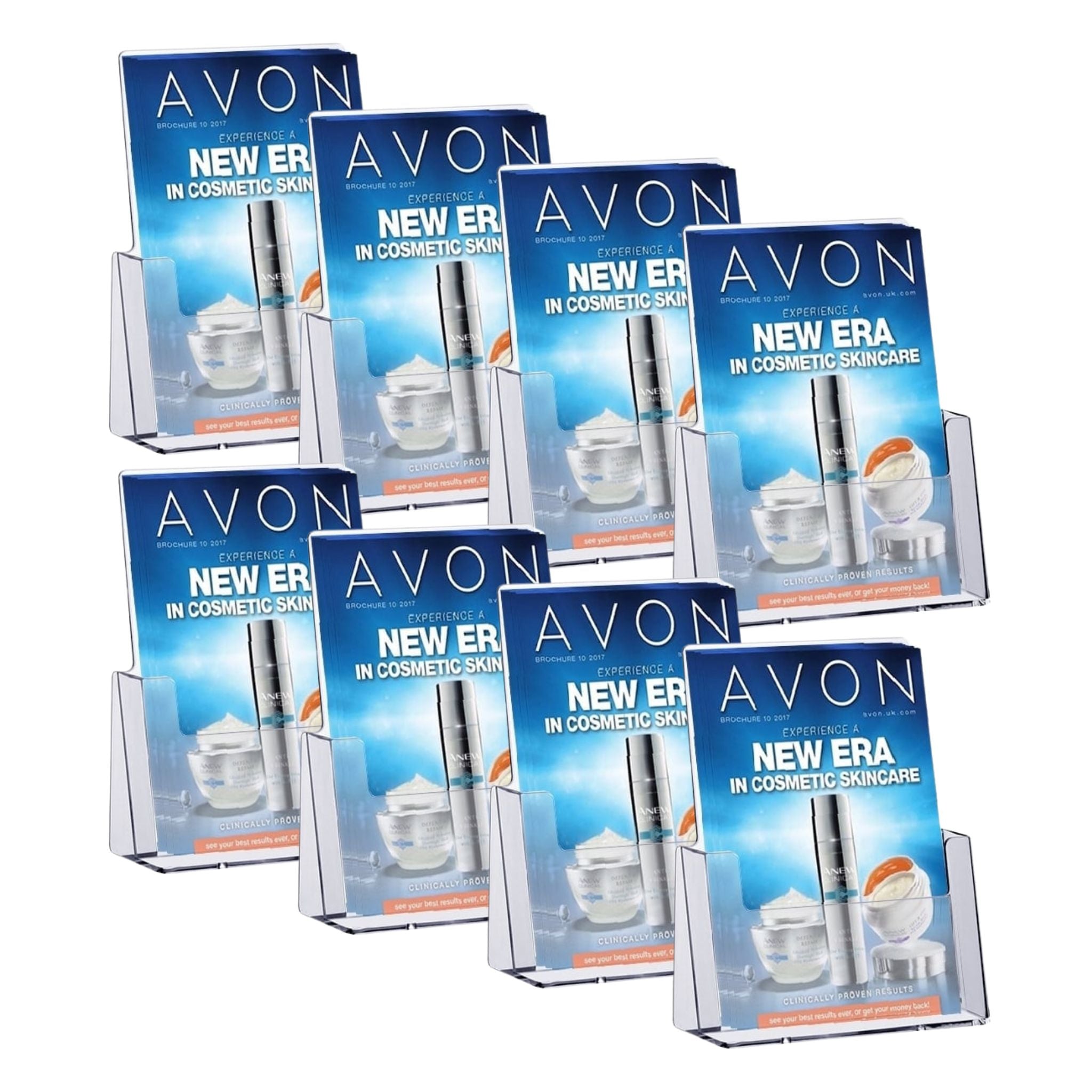 Set of 8 counter-standing A5 portrait leaflet holders, ideal for displaying brochures and promotional materials.