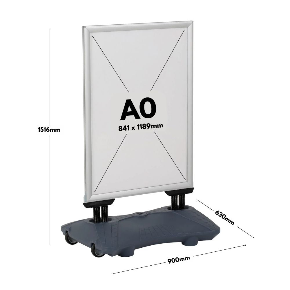 Heavy-duty A0 pavement sign in silver – double-sided display with wind-stable water base