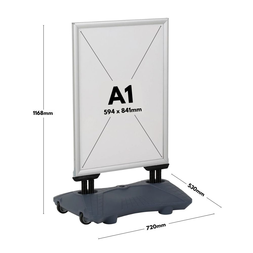 Premium A1 display board – silver aluminium pavement sign with wind-resistant water-filled base