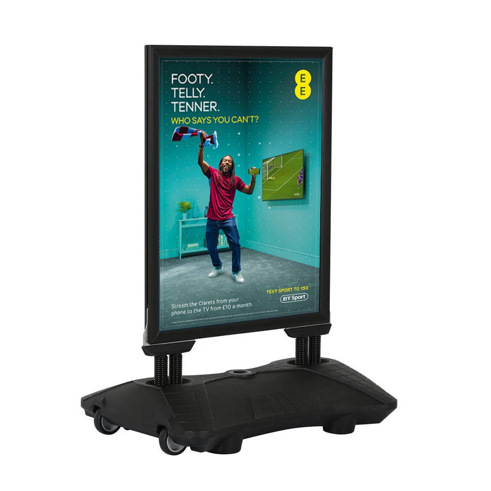 Premium black A0 forecourt sign – double-sided outdoor board with water-filled base for wind protection