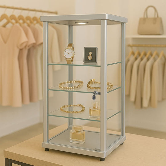 Premium Silver Aluminium Lockable Display Cabinet Showcase With Glass Countertop, 3 Shelves and an LED Light