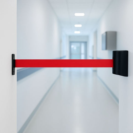 Black Wall Mounted Retractable Barrier - 4.6m Red Belt