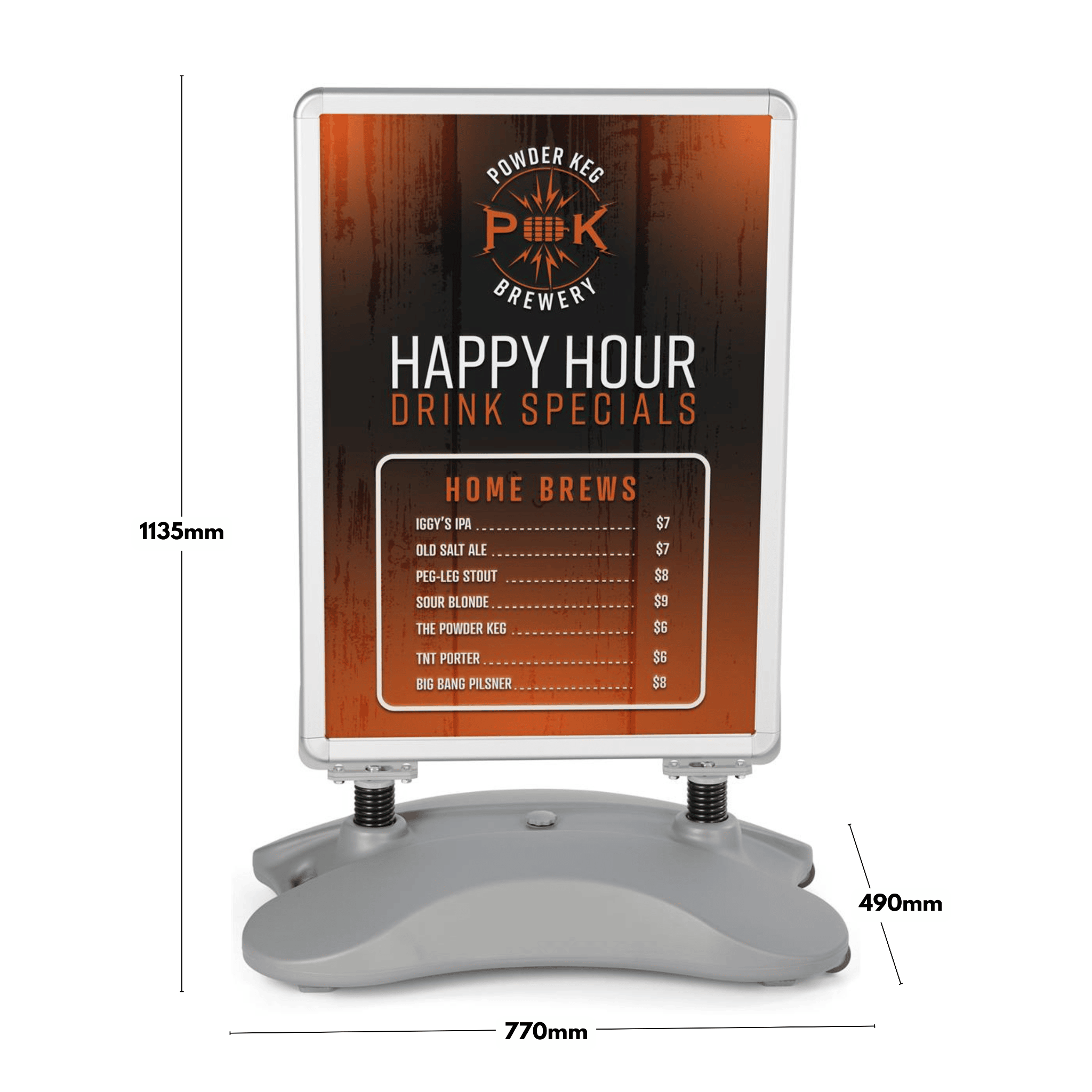 Heavy-duty A1 water base sign – silver finish, snap frame, ideal for high street or roadside promotions