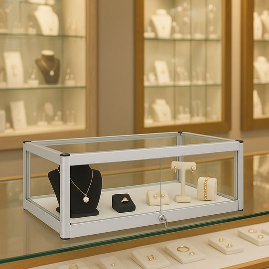 Silver Aluminium Glass Counter Top Display Cabinet with Lockable Sliding Doors