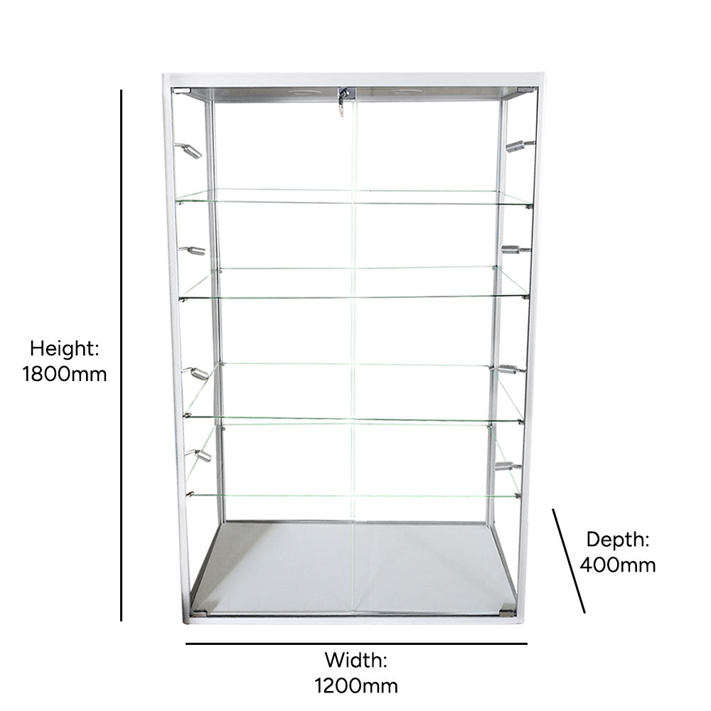 Wide silver aluminium display cabinet – glass doors, LEDs and adjustable shelves for secure product presentation