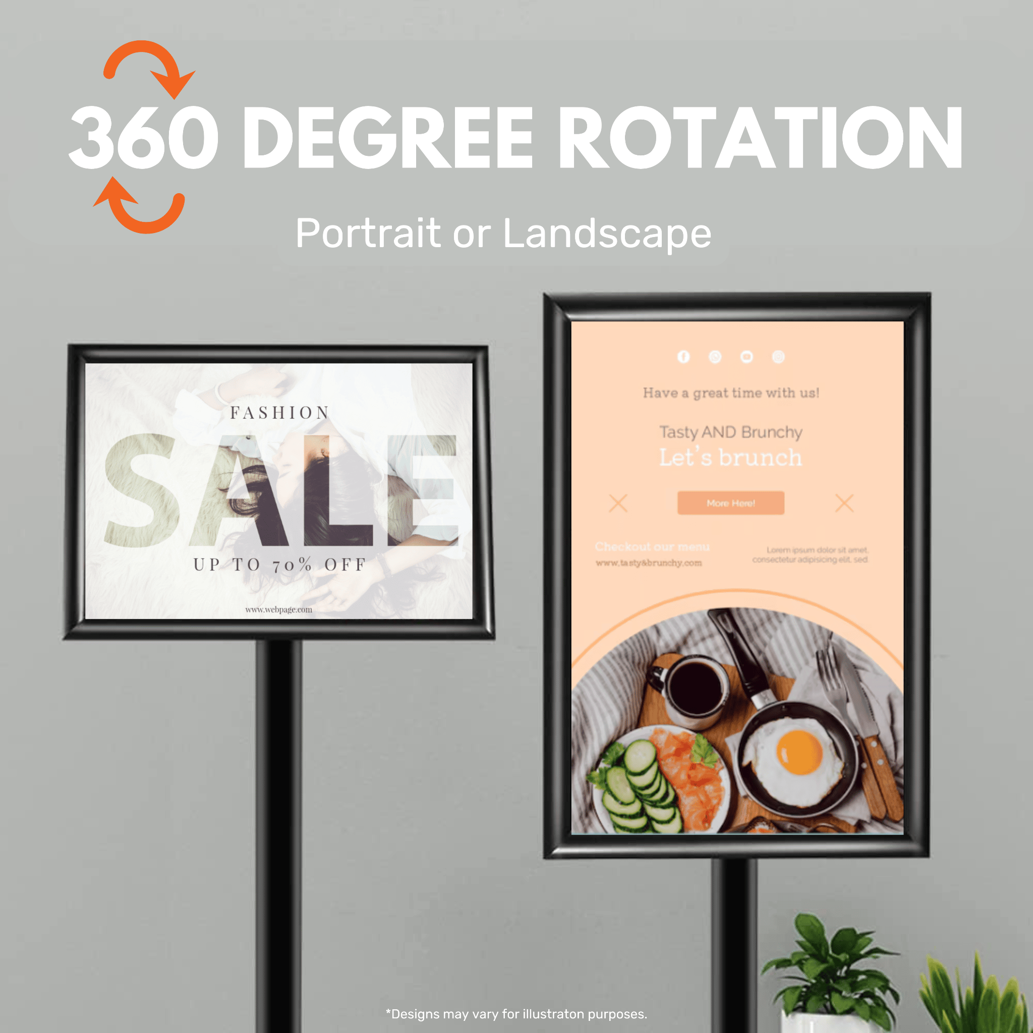 Floor-standing A4 rotating snap frame – black poster display with mitred corners and stable base