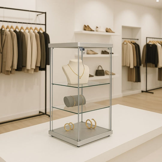 Frameless Silver Wood Lockable Glass Display Cabinet with 2 Shelves – Countertop Showcase