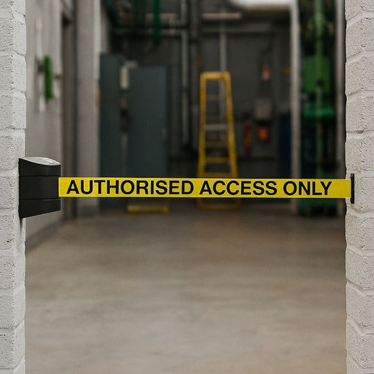Black Wall Mounted Barrier - 4.6m Yellow 'Authorised Access Only' Belt