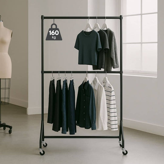 3ft Wide x 7ft Tall Two-Tier Black Commercial Grade Heavy Duty Steel Clothes Rail With 160kg Load Capacity