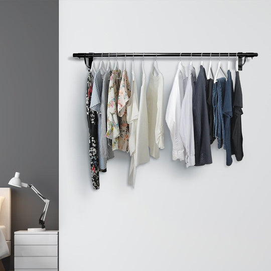 4ft Wide Black Wall Mounted Steel Clothes Rail With Support Arms