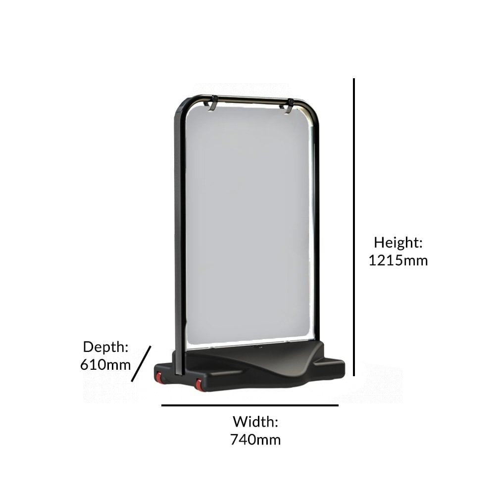 Weather-resistant A1 swing sign – black finish with water-fill base and dual poster display for outdoor use