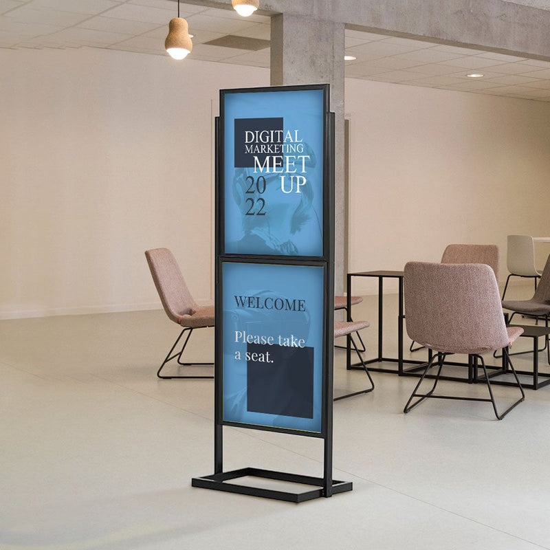 Black 2 Tiered A1 Double Sided Steel Floor Standing Info-board Poster Display Stand - 656mm Wide x 1820mm High