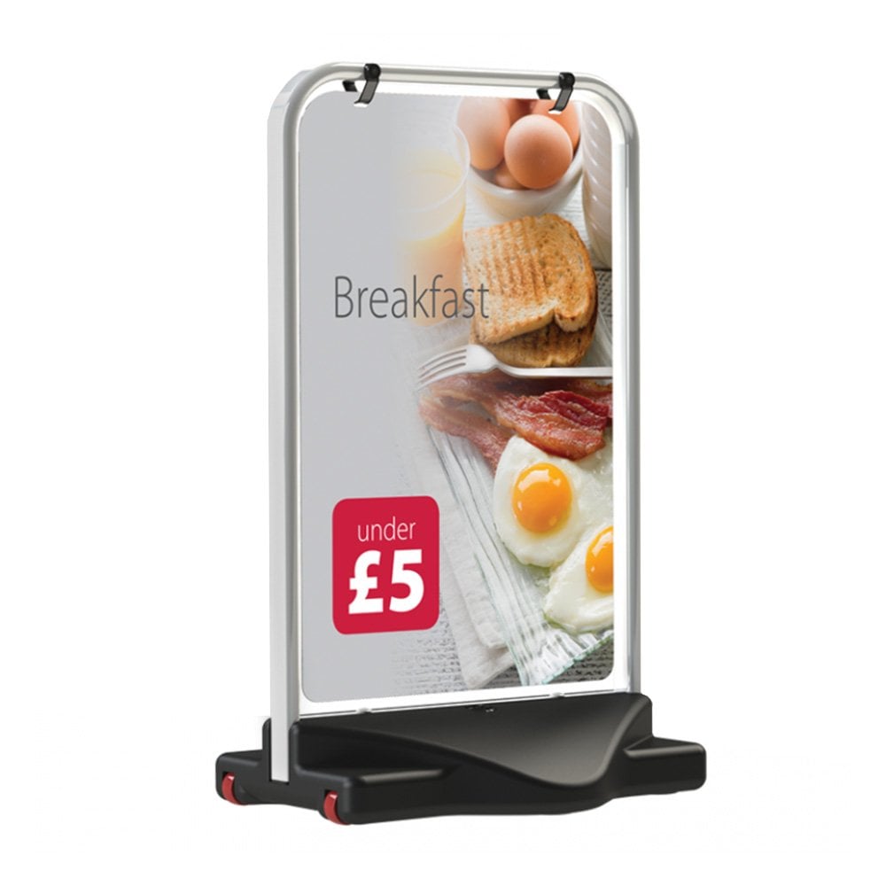 Double-sided A1 white swing sign – water-based pavement poster holder ideal for promotions and wayfinding