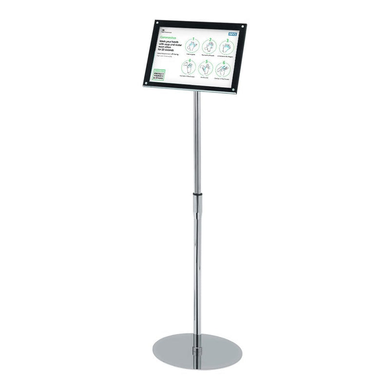 Fully Adjustable Black and Chrome A4 Magnetic Bevelled Edge Floor Standing Sign Holder - 300mm Wide x 1240mm High