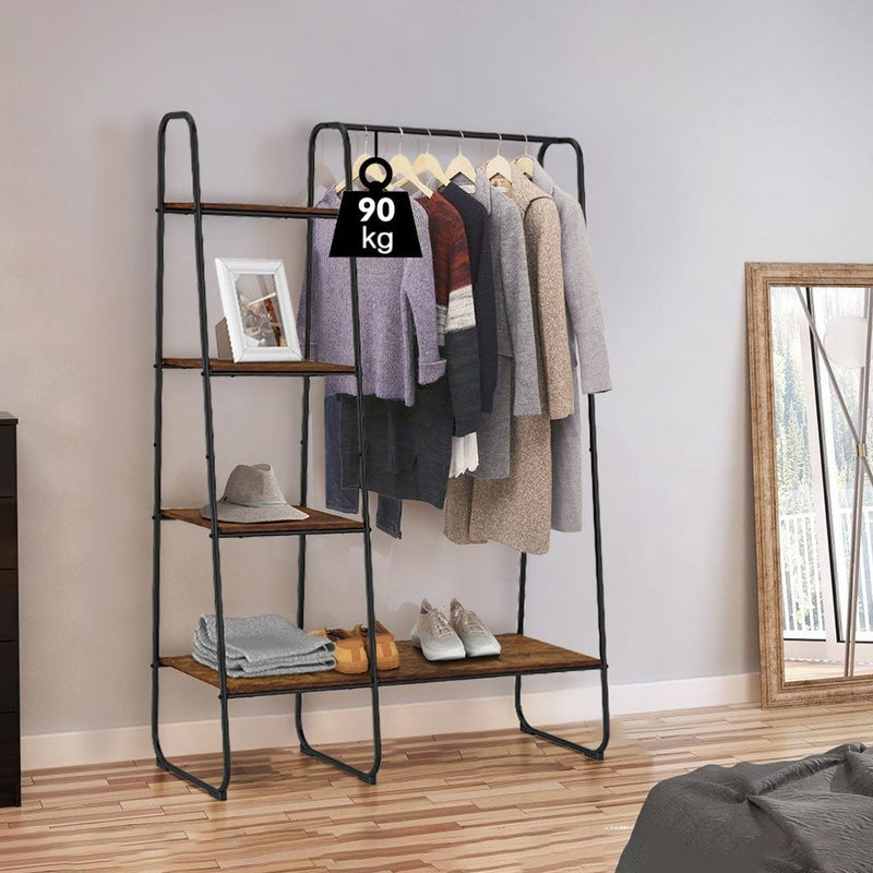 Industrial Style Clothes Rack with 4 Wooden Shelves With 90kg Load Capacity