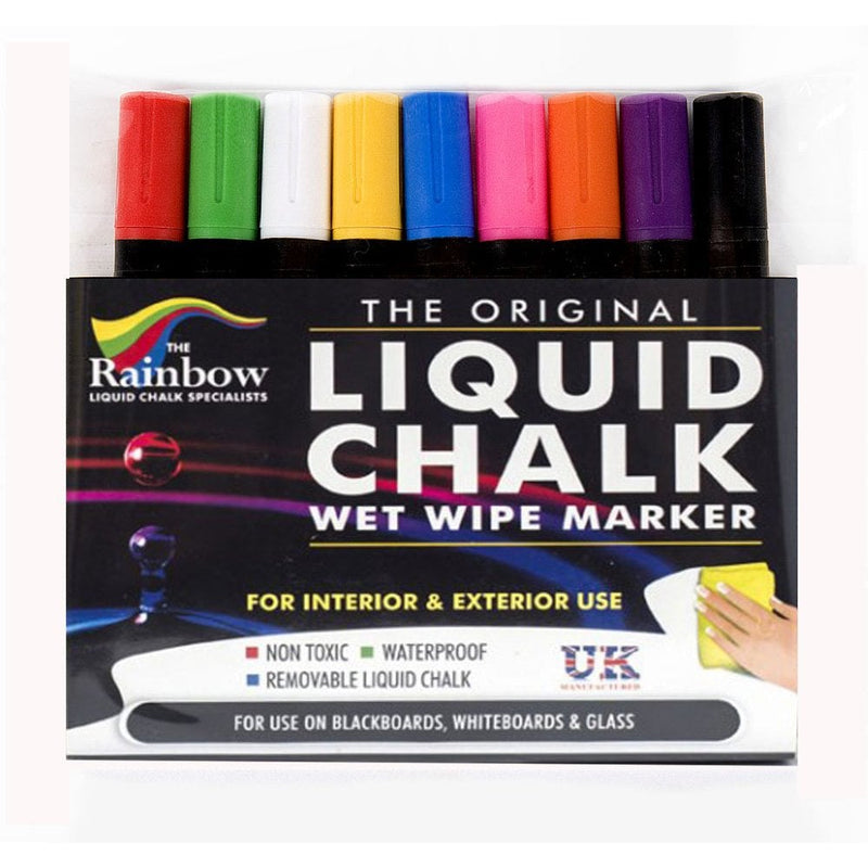 Non-Toxic Fade Resistant Liquid Chalk Marker Pens with 5mm Bullet Nib - Multi Colour 9 Pack