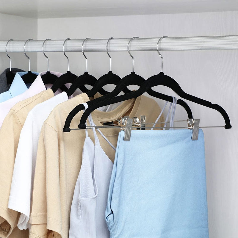 Pack of 30 Non-Slip Black Velvet Trouser Hangers with Adjustable Clips