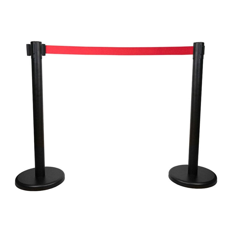 Pair of Red Retractable Queuing Barrier Post with Black Belts - 2.0m