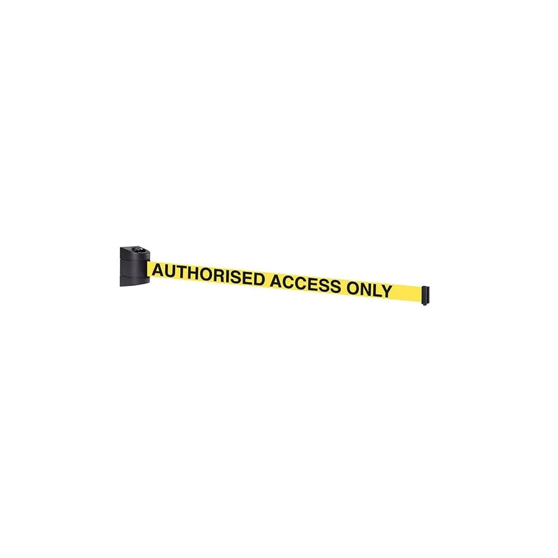 Black Wall Mounted Barrier - 4.6m Yellow 'Authorised Access Only' Belt