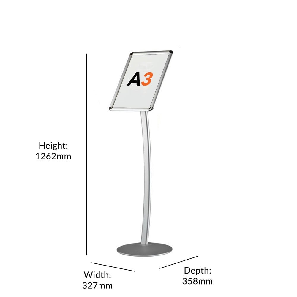 Freestanding A3 signage stand – curved aluminium snap frame in silver with sturdy base and poster visibility