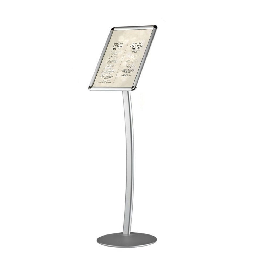 Freestanding A3 silver curved poster display – snap frame with 1262mm height ideal for menus, promotions and signage