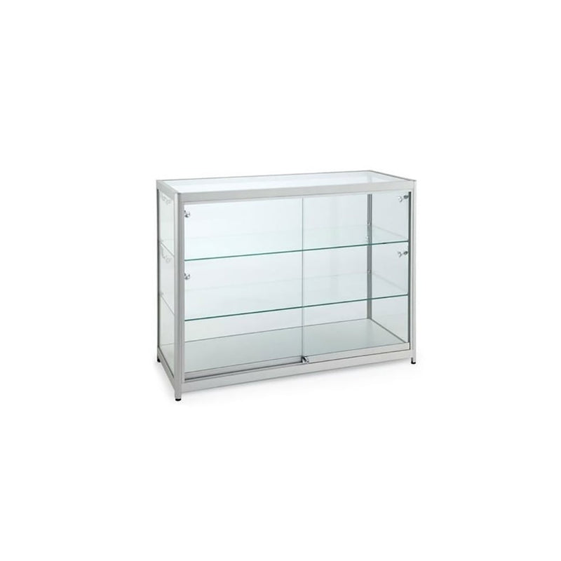 Silver Aluminium Glass Counter Display Cabinet with 8 LED Spotlights & Lockable Sliding Doors - 1000 x 500mm