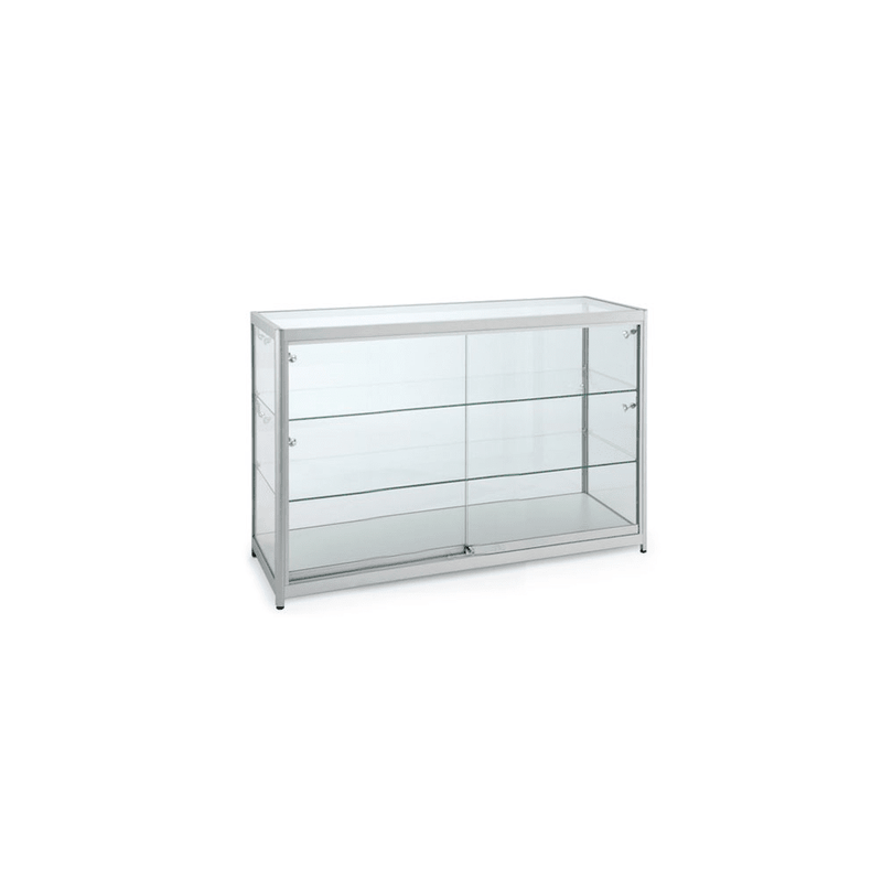 Silver Aluminium Glass Counter Display Cabinet with 8 LED Spotlights & Lockable Sliding Doors - 1200 x 500mm