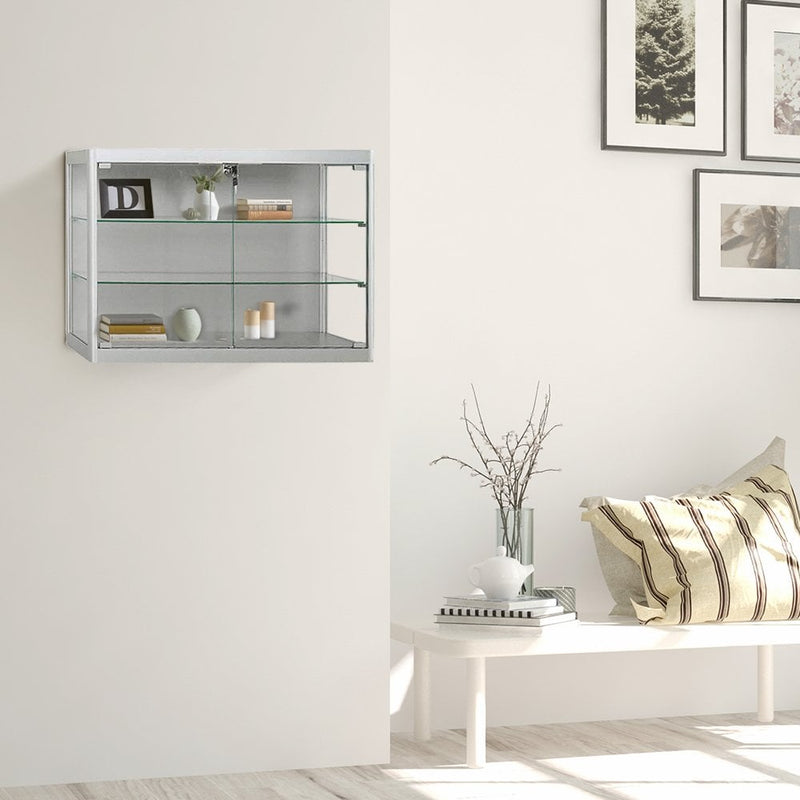 Silver Aluminium Wall Mounted Glass Display Cabinet Lockable with 2 Adjustable Shelves - 1000mm