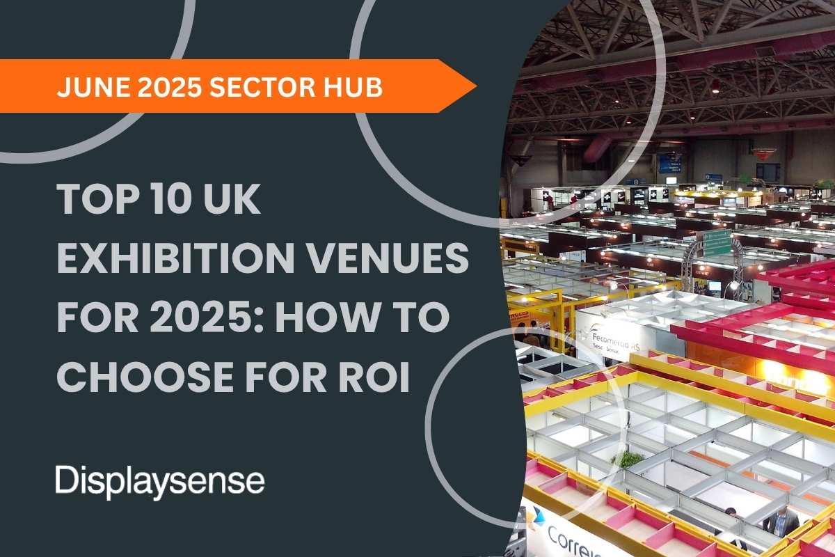 Exhibition hall setup with multiple display stands and lighting rigs, promoting Displaysense’s guide to the top 10 UK exhibition venues for 2025.