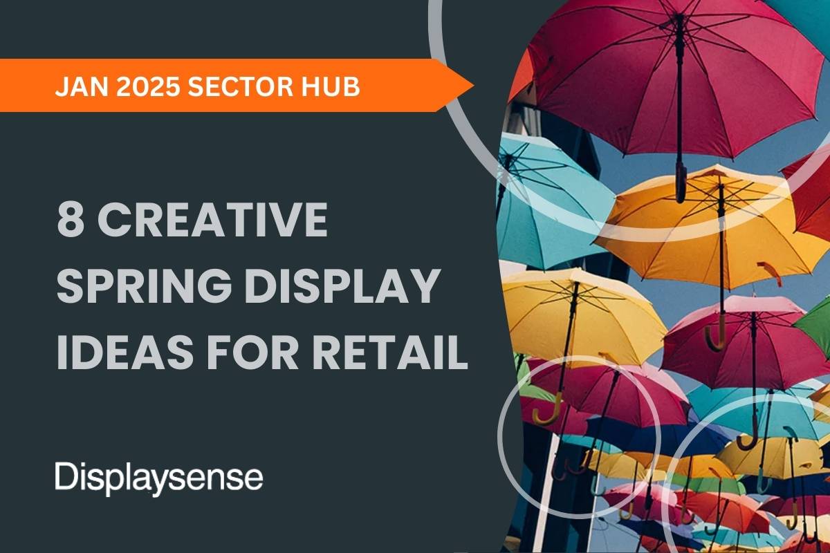January 2025 Sector Hub by Displaysense showcasing 8 creative spring display ideas for retail, featuring a colourful ceiling installation of hanging umbrellas in vibrant spring hues.
