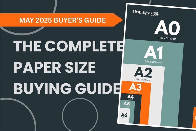 May 2025 Buyer’s Guide by Displaysense titled ‘The Complete Paper Size Buying Guide,’ featuring a size chart comparison of A0 to DL paper formats in a modern infographic layout.