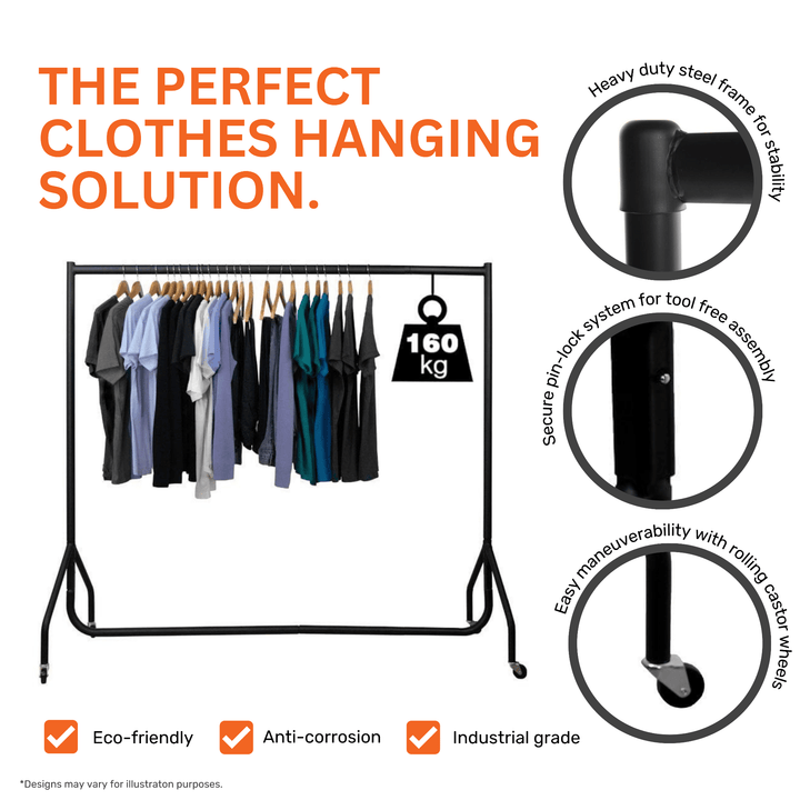 4ft wide white clothes rack – freestanding steel unit with 160kg load rating for commercial and backroom spaces