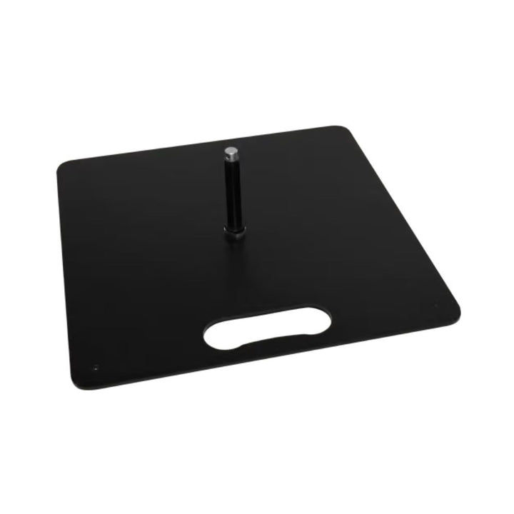 Black 10.5kg square steel plate base for a glass fibre flag, with a central pole socket and cut-out carry handle for moving and repositioning the flag.
