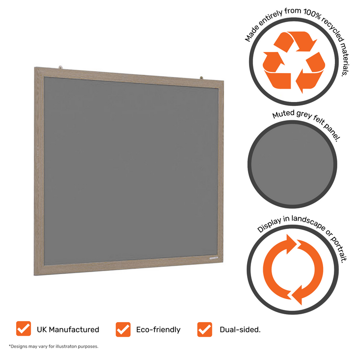 Grey felt noticeboard in a wood effect frame made entirely from recycled materials, UK manufactured and mountable in landscape or portrait for pinning notices.
