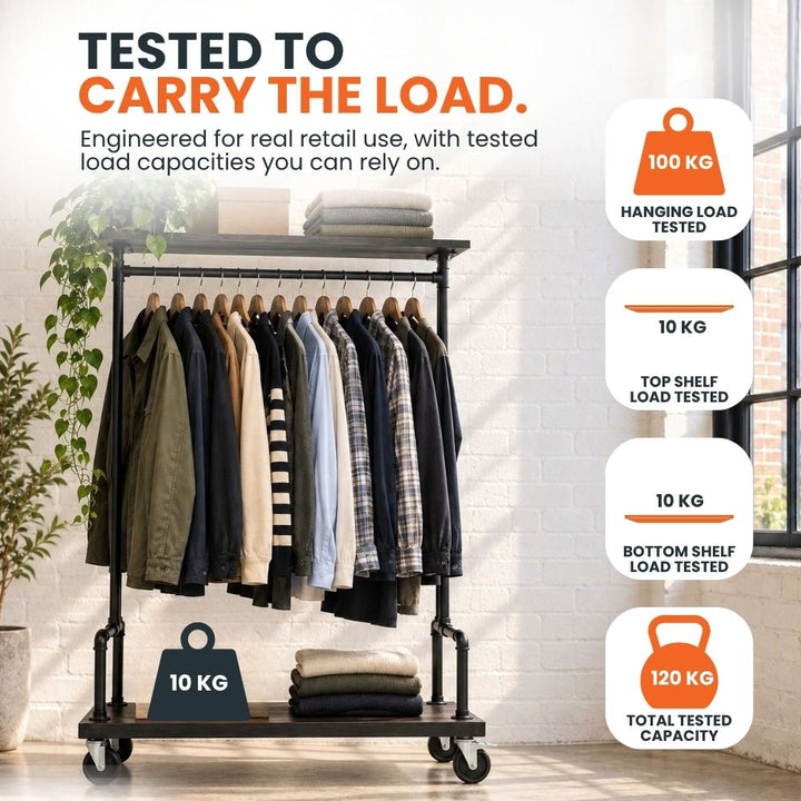 Load-tested black clothes rail illustrating a 100kg hanging capacity, 10kg top shelf load, 10kg bottom shelf load and 120kg total tested capacity.