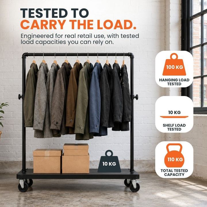 Heavy duty black clothes rail demonstrating a 100kg tested hanging load, 10kg shelf capacity and 110kg total tested capacity.